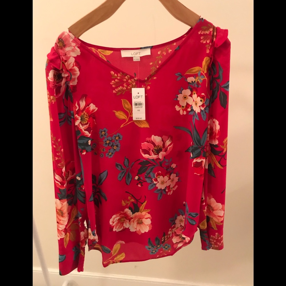 Loft: Floral Ruffle Shoulder Blouse: Size (XS)